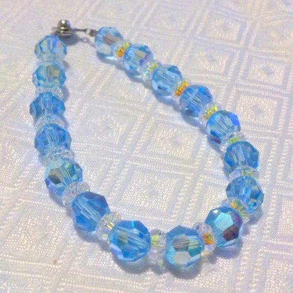 Blue Faceted Glass Crystal Beaded Bracelet 8 Inch - Picture 2 of 4